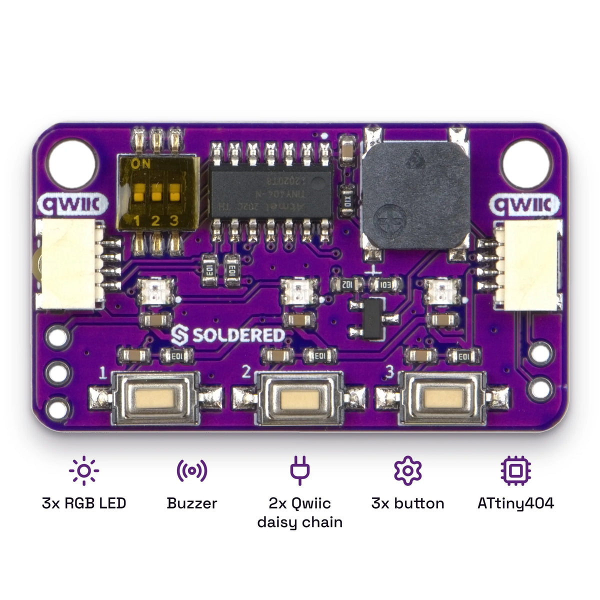 Soldered Button, LED & Buzzer Board with Qwiic